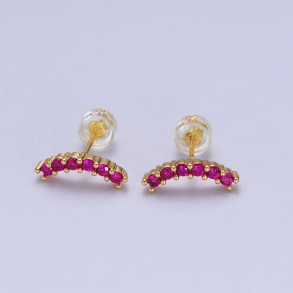 Fuchsia, Green, Clear, Turquoise Micro Paved Arc Line Gold Stud | AB043 - AB046