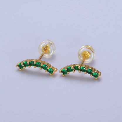 Fuchsia, Green, Clear, Turquoise Micro Paved Arc Line Gold Stud | AB043 - AB046