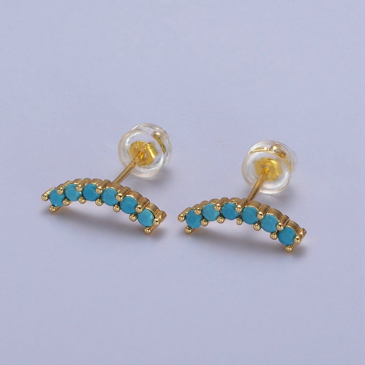 Fuchsia, Green, Clear, Turquoise Micro Paved Arc Line Gold Stud | AB043 - AB046