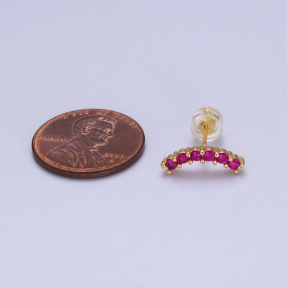 Fuchsia, Green, Clear, Turquoise Micro Paved Arc Line Gold Stud | AB043 - AB046
