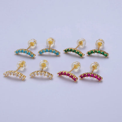 Fuchsia, Green, Clear, Turquoise Micro Paved Arc Line Gold Stud | AB043 - AB046