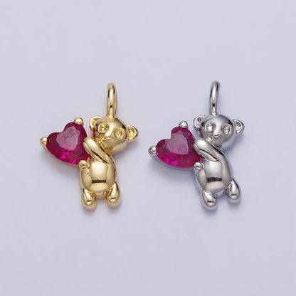 Fuchsia Heart CZ Teddy Bear Mini Charm in Gold &amp; Silver | AC222 AC223