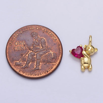 Fuchsia Heart CZ Teddy Bear Mini Charm in Gold &amp; Silver | AC222 AC223