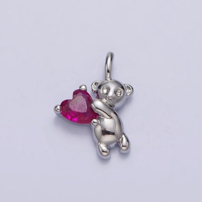 Fuchsia Heart CZ Teddy Bear Mini Charm in Gold &amp; Silver | AC222 AC223