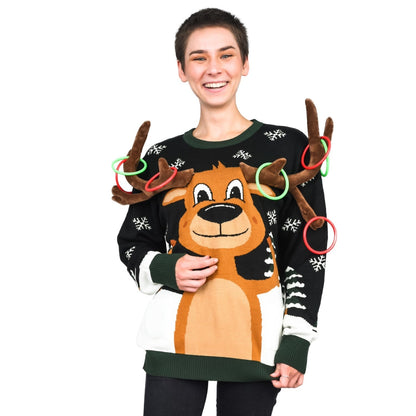 Funny Unisex Reindeer Ring Toss 3D Ugly Christmas Sweater