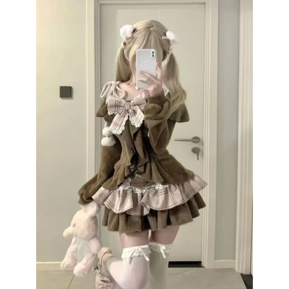 Fuzzy Lolita Set – Bow Top &amp; Plaid Mini Skirt Kawaii