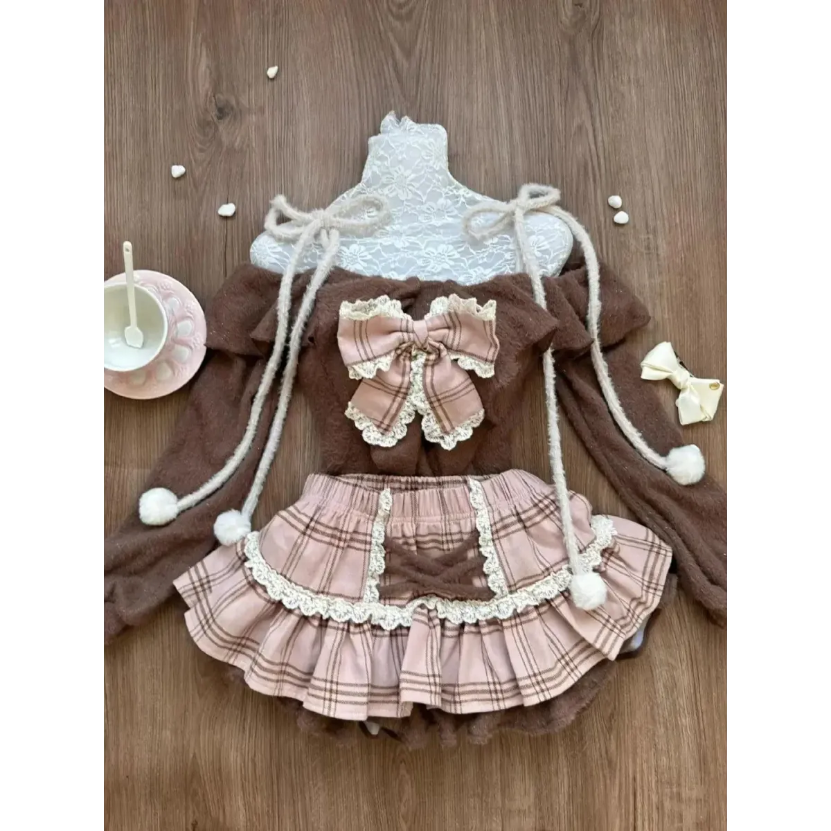 Fuzzy Lolita Set – Bow Top &amp; Plaid Mini Skirt Kawaii