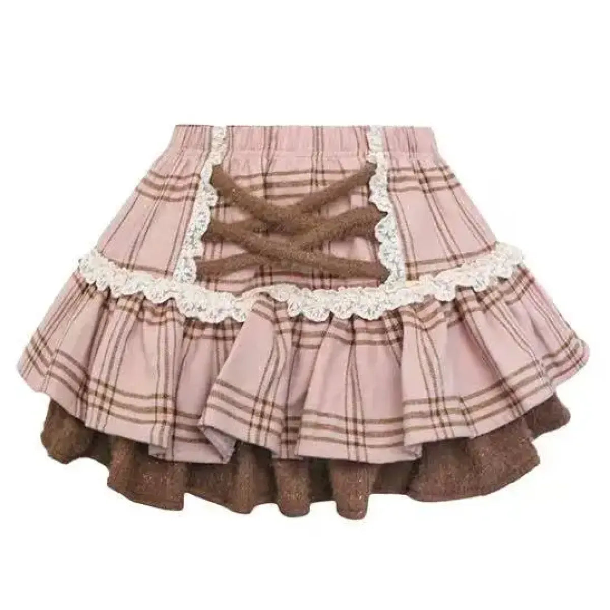 Fuzzy Lolita Set – Bow Top &amp; Plaid Mini Skirt Kawaii