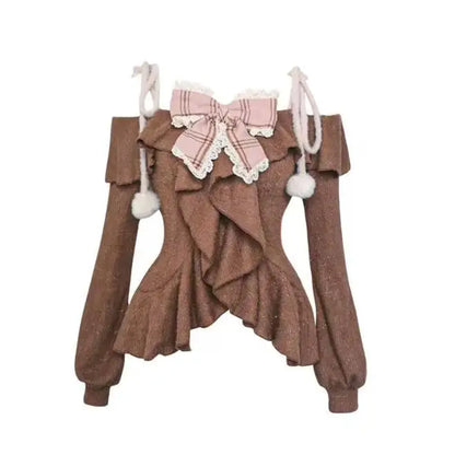 Fuzzy Lolita Set – Bow Top &amp; Plaid Mini Skirt Kawaii