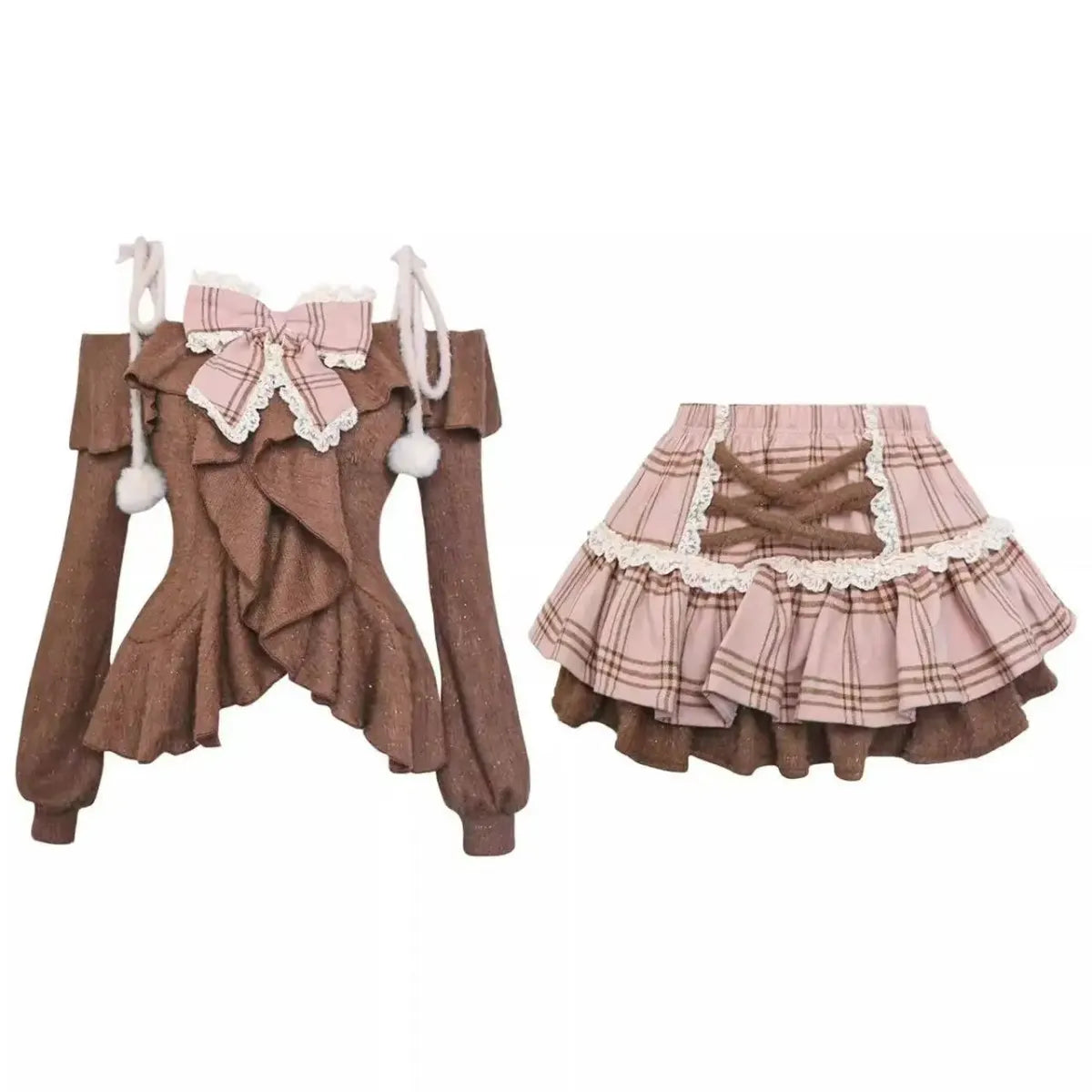 Fuzzy Lolita Set – Bow Top &amp; Plaid Mini Skirt Kawaii