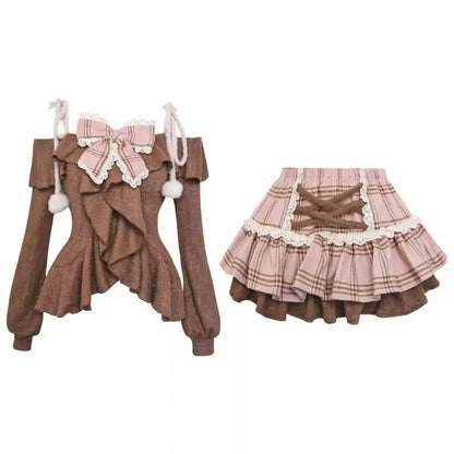 Fuzzy Lolita Set – Bow Top &amp; Plaid Mini Skirt Kawaii