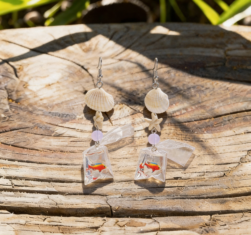 Cute Starfish &amp; Fish Bag Earrings