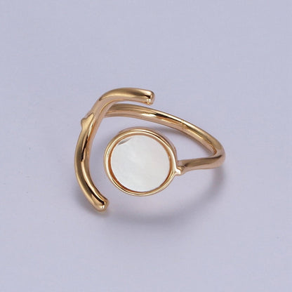 Geometric Crescent Round Shell Pearl Adjustable Gold Ring | O-239