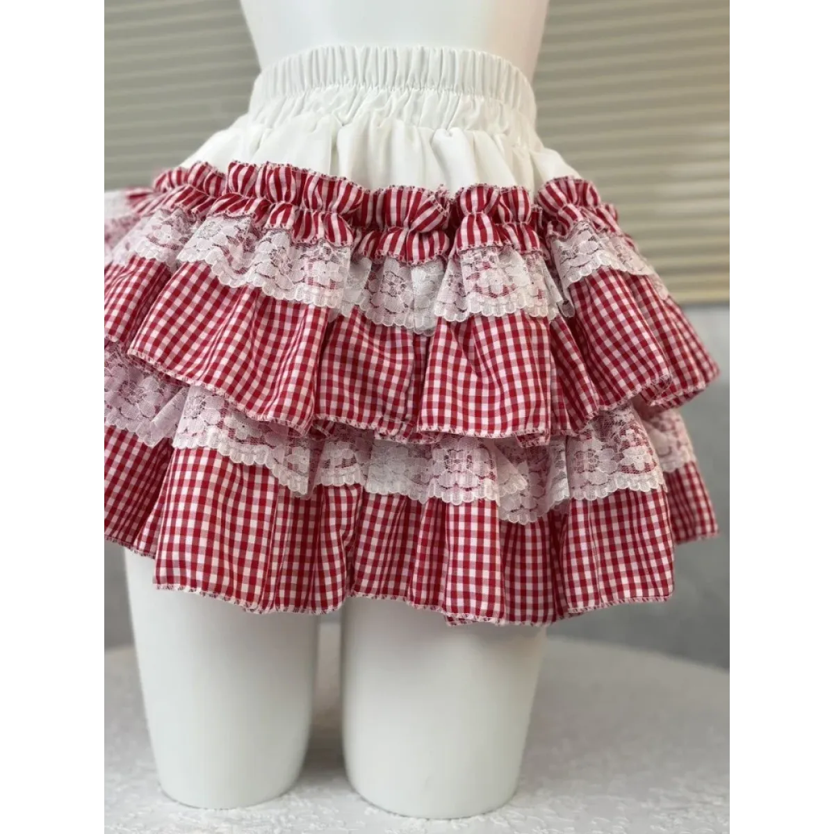 Gingham Layered Lolita Skirt – Lace Trim High Waist Kawaii
