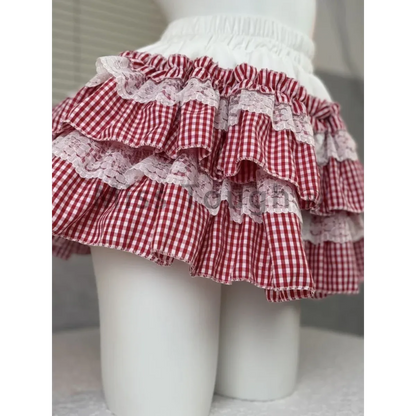 Gingham Layered Lolita Skirt – Lace Trim High Waist Kawaii