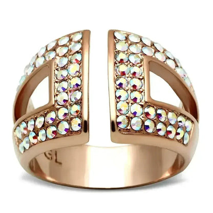 GL222 IP Rose Gold Brass Ring – Aurora Borealis Crystal Statement Piece
