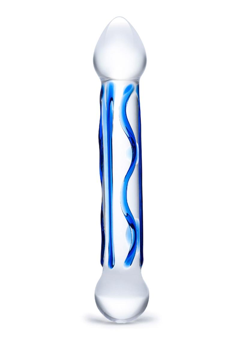 Glas Full Tip Textured Glass Dildo with Blue Design
