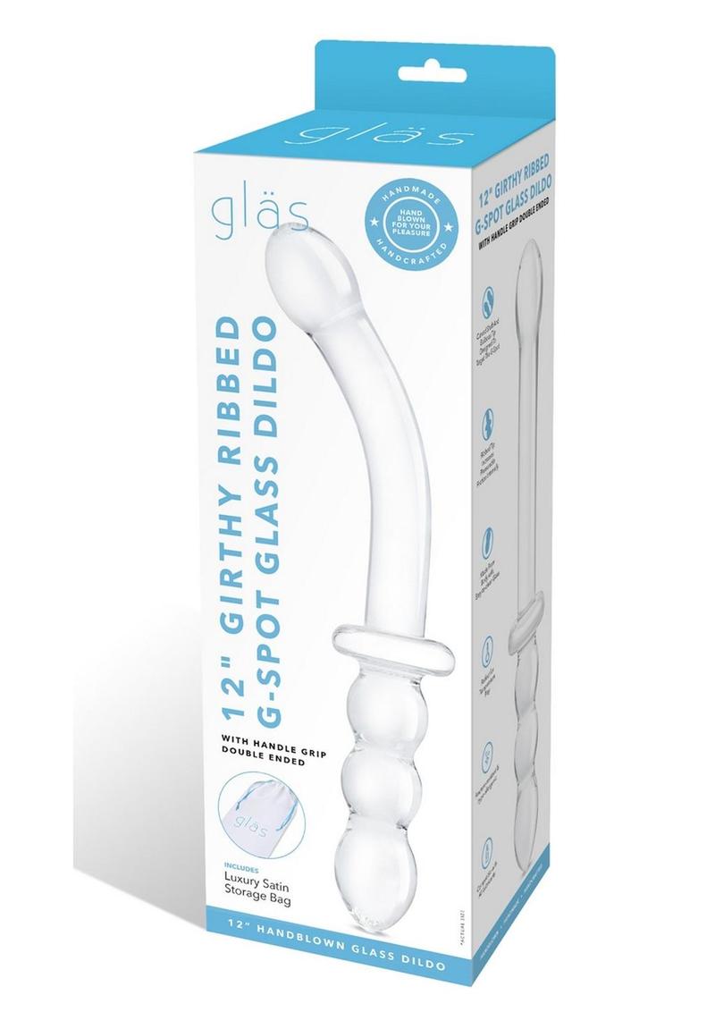 Glas Girthy Ribbed G-Spot Glass Dildo Double-Ended with Handle Grip