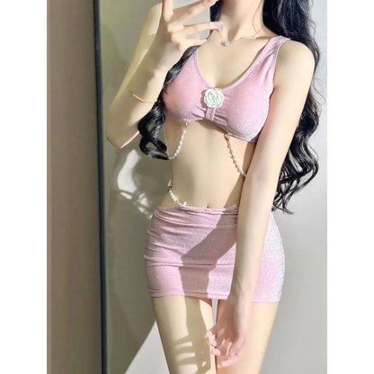 Glitter 3PC Bikini Set – 3D Flower Top with Pearl Chain Mini Skirt