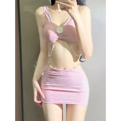 Glitter 3PC Bikini Set – 3D Flower Top with Pearl Chain Mini Skirt