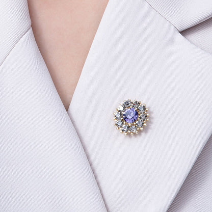 Gold 19mm Dark Rhinestone Round Pin Brooch | BH-054