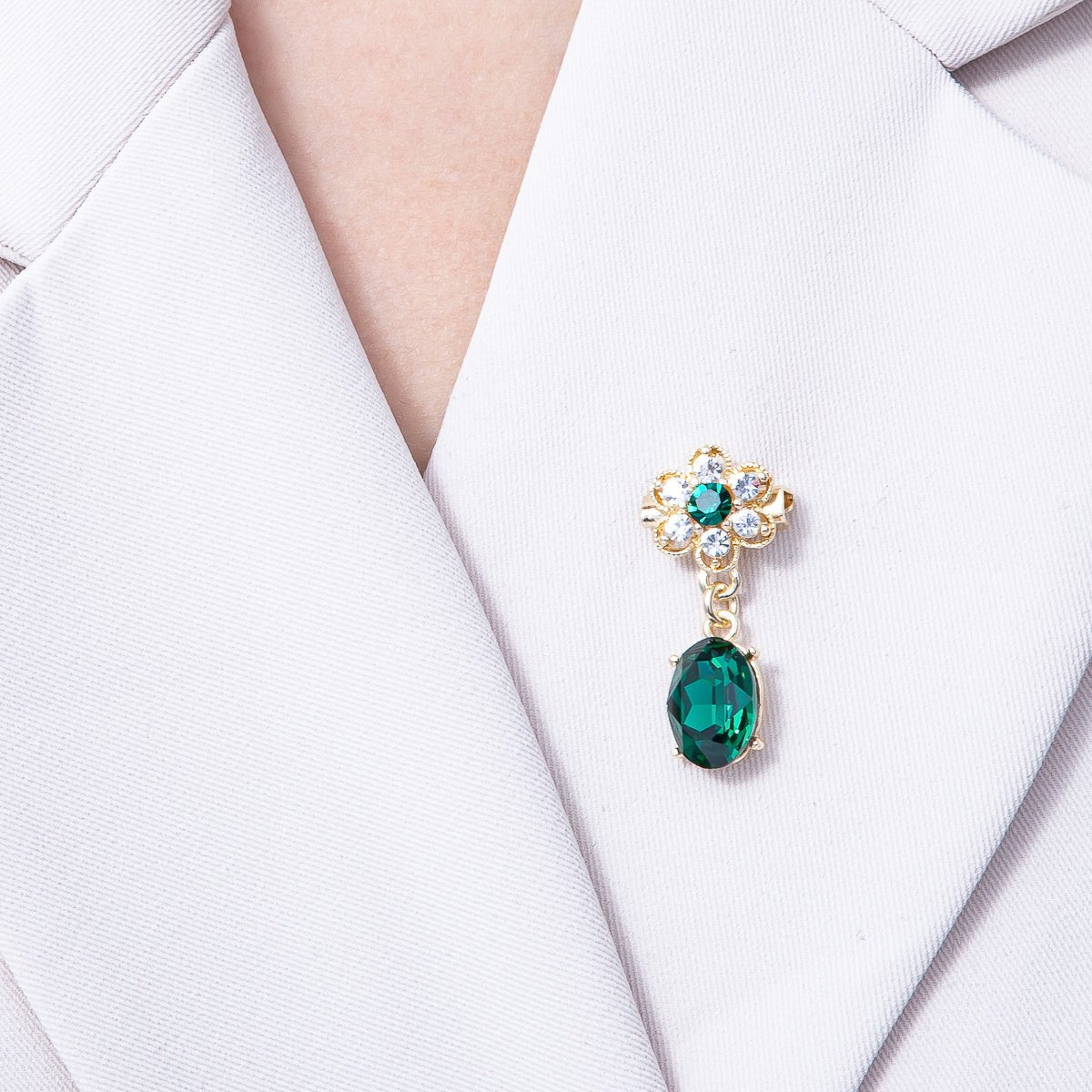 Gold 34.5mm x 15.3mm Green Oval Rhinestone Drop Flower Pin Brooch | BH-046