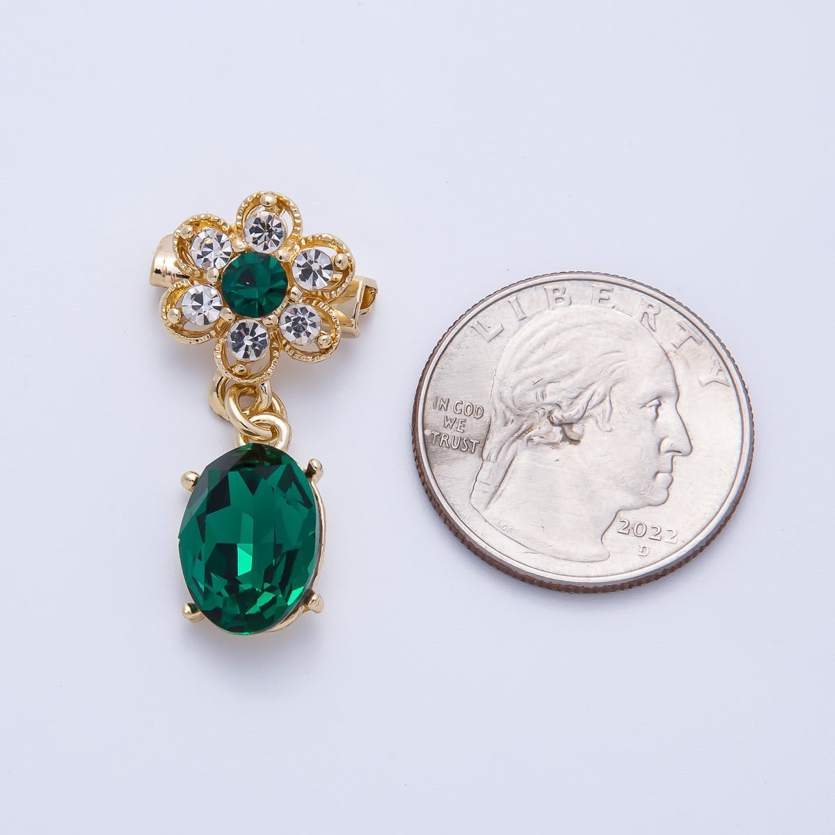 Gold 34.5mm x 15.3mm Green Oval Rhinestone Drop Flower Pin Brooch | BH-046