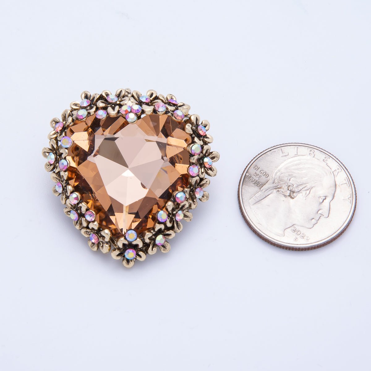 Gold 37mm x 36mm Orange Rhinestone Heart Pin Brooch | BH-067