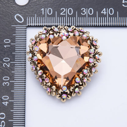 Gold 37mm x 36mm Orange Rhinestone Heart Pin Brooch | BH-067