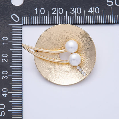 Gold 40.3mm x 32.7mm Cherry Pearl Textured Round Pin Brooch | BH-072
