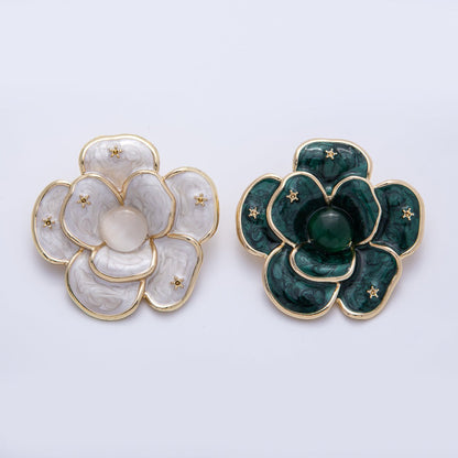 Gold 40mm x 38.4mm White, Green Enamel Flower Pin Brooch | BH-090 BH-091