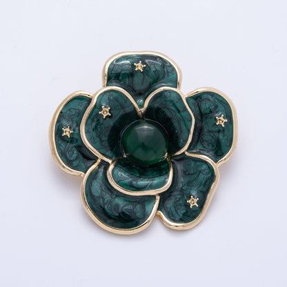 Gold 40mm x 38.4mm White, Green Enamel Flower Pin Brooch | BH-090 BH-091
