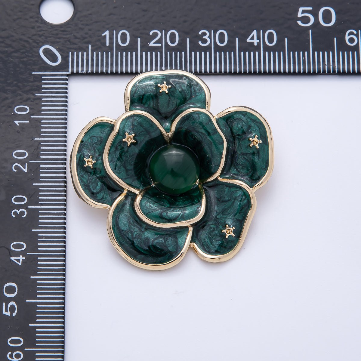 Gold 40mm x 38.4mm White, Green Enamel Flower Pin Brooch | BH-090 BH-091
