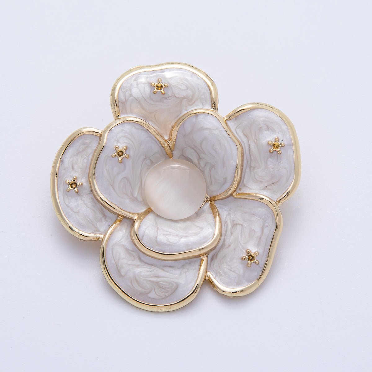 Gold 40mm x 38.4mm White, Green Enamel Flower Pin Brooch | BH-090 BH-091