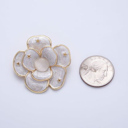 Gold 40mm x 38.4mm White, Green Enamel Flower Pin Brooch | BH-090 BH-091