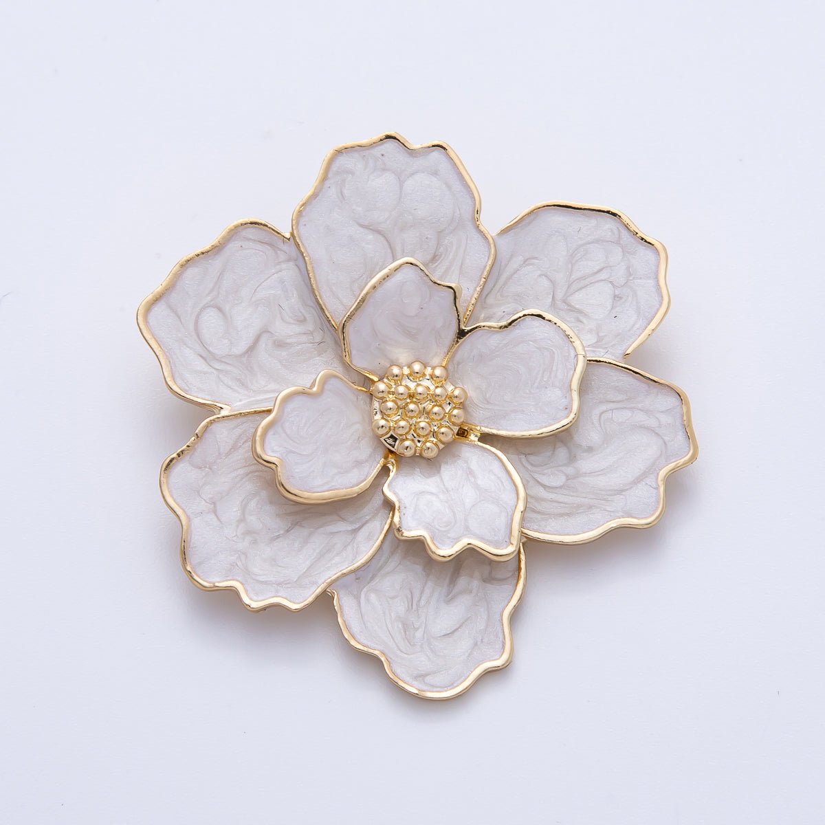 Gold 42mm x 34.5mm White Glitter Enamel Flower Pin Brooch | BH-071