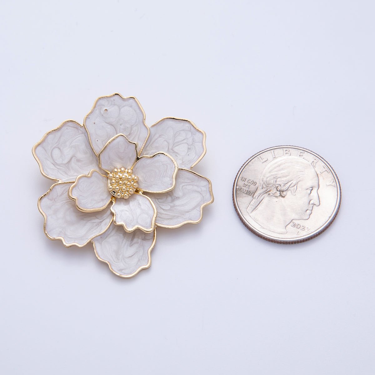 Gold 42mm x 34.5mm White Glitter Enamel Flower Pin Brooch | BH-071
