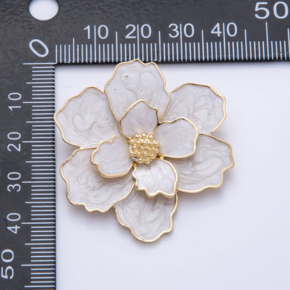 Gold 42mm x 34.5mm White Glitter Enamel Flower Pin Brooch | BH-071