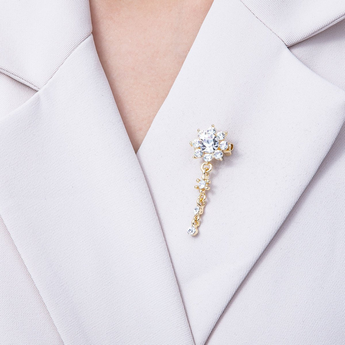 Gold 47.5mm Light Rhinestone Round Drop Pin Brooch | BH-057