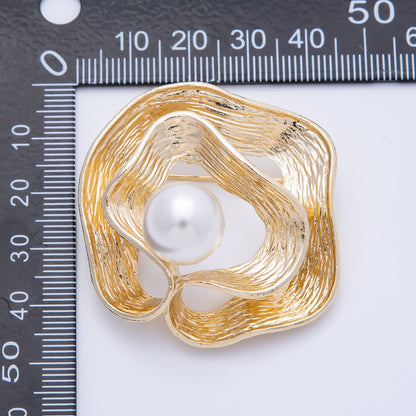 Gold 47mm x 43mm White Pearl Geometric Foil Pin Brooch | BH-074