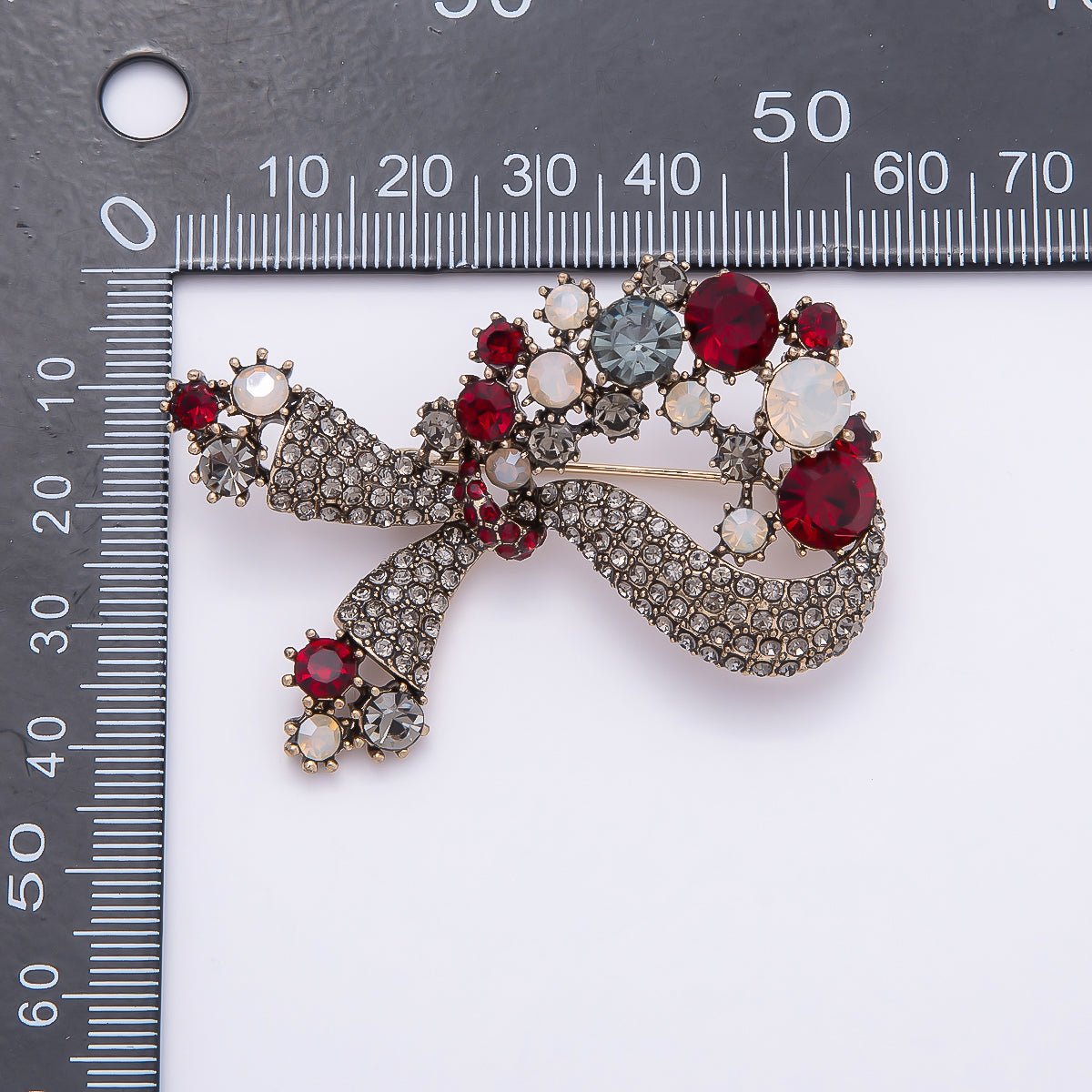 Gold 57mm x 35mm Multicolor Rhinestone Bow Ribbon Pin Brooch | BH-124