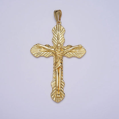Gold 70mm Crucifix Leaf Textured Fleur Passion Cross Religious Pendant | AA084