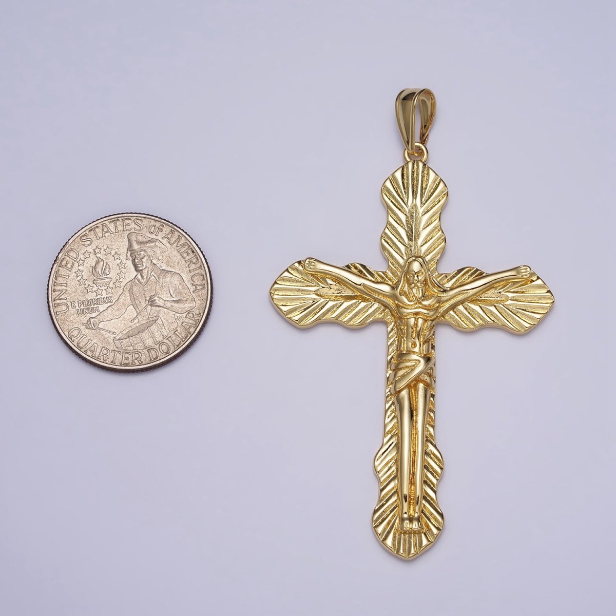 Gold 70mm Crucifix Leaf Textured Fleur Passion Cross Religious Pendant | AA084