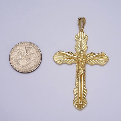 Gold 70mm Crucifix Leaf Textured Fleur Passion Cross Religious Pendant | AA084