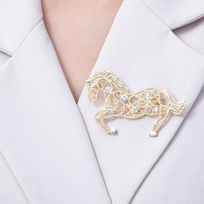 Gold 70mm x 42mm Clear CZ Horse Animal Pin Brooch | BH-021