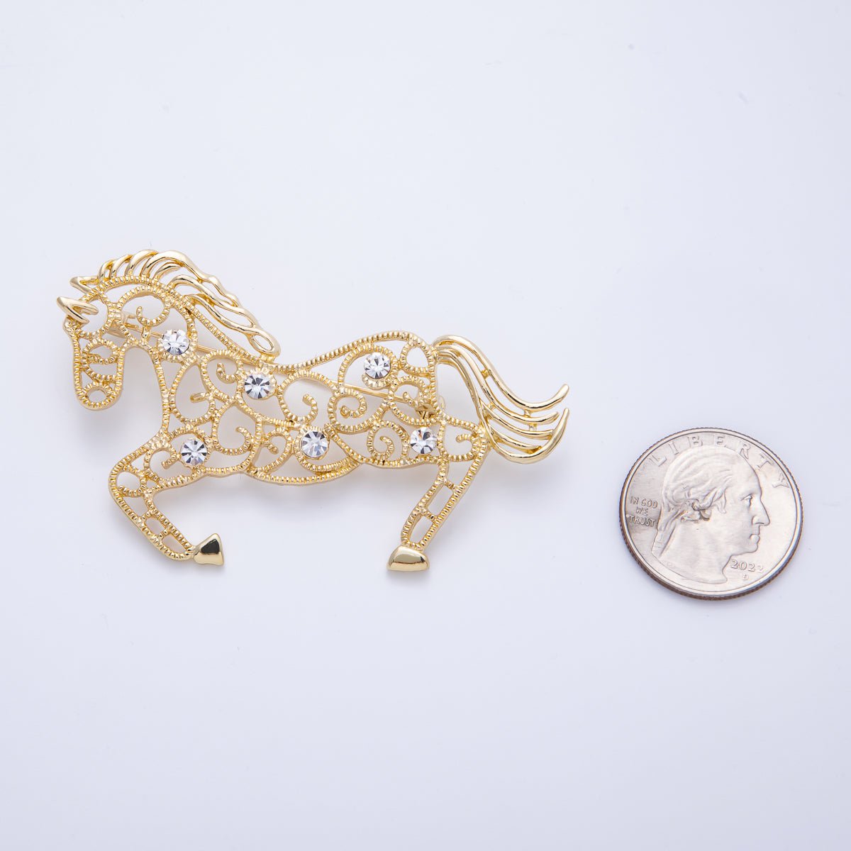 Gold 70mm x 42mm Clear CZ Horse Animal Pin Brooch | BH-021