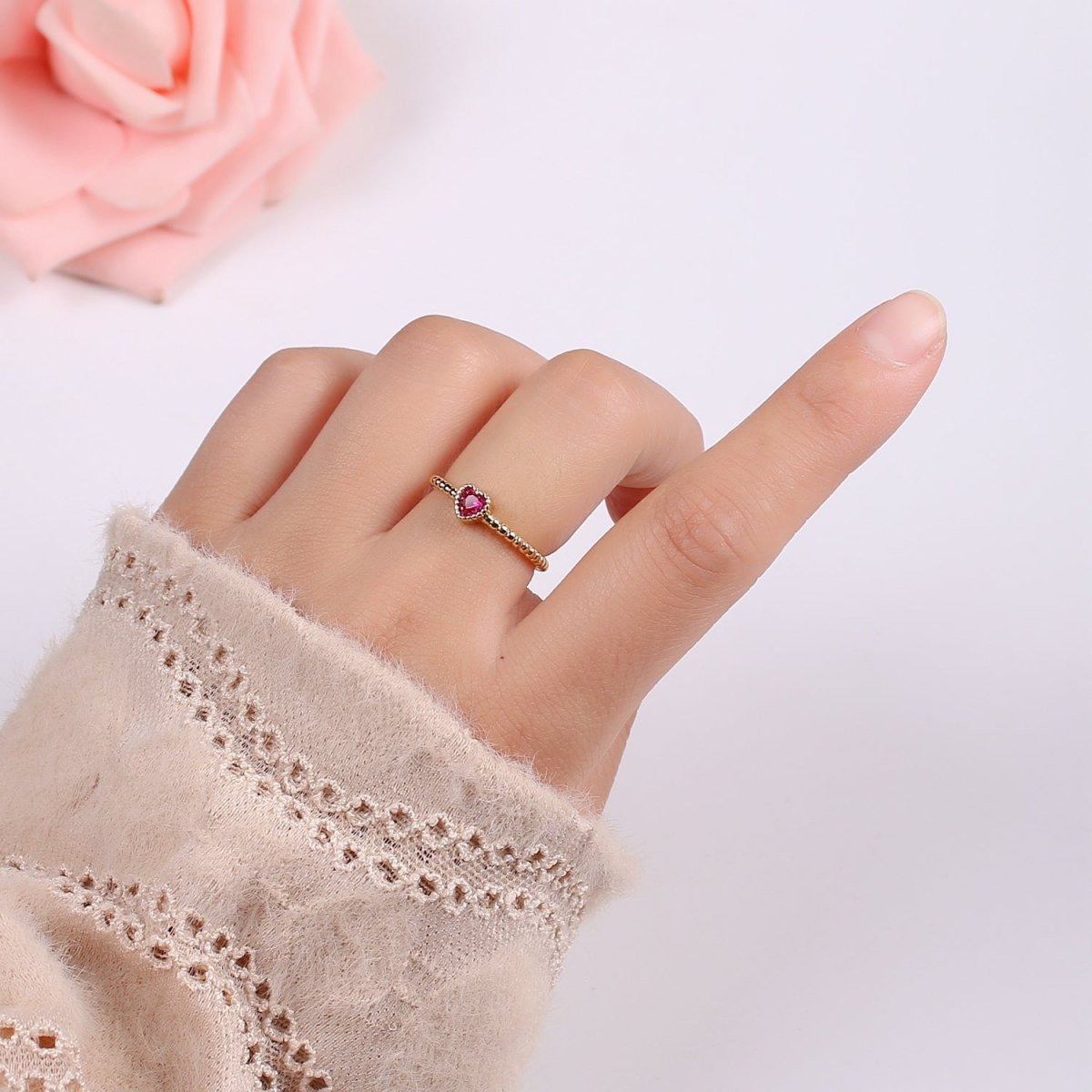 Gold Bead ring, Gold stacking ring, Dainty ring, thick gold ring, gold ring, bead ring, Heart Cz ring, gold stacking ring, beaded ring