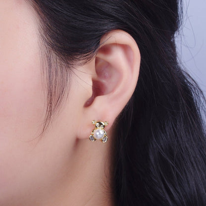 Gold Bear Stud Earring with Pearl For Women Jewelry P-278