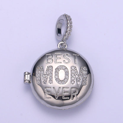 Gold Best Mom Ever Micro Pave Locket Pendant, Gold Silver Open Locket Cubic Zirconia Pave Mom Charm necklace H-722