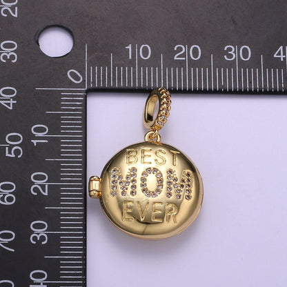 Gold Best Mom Ever Micro Pave Locket Pendant, Gold Silver Open Locket Cubic Zirconia Pave Mom Charm necklace H-722
